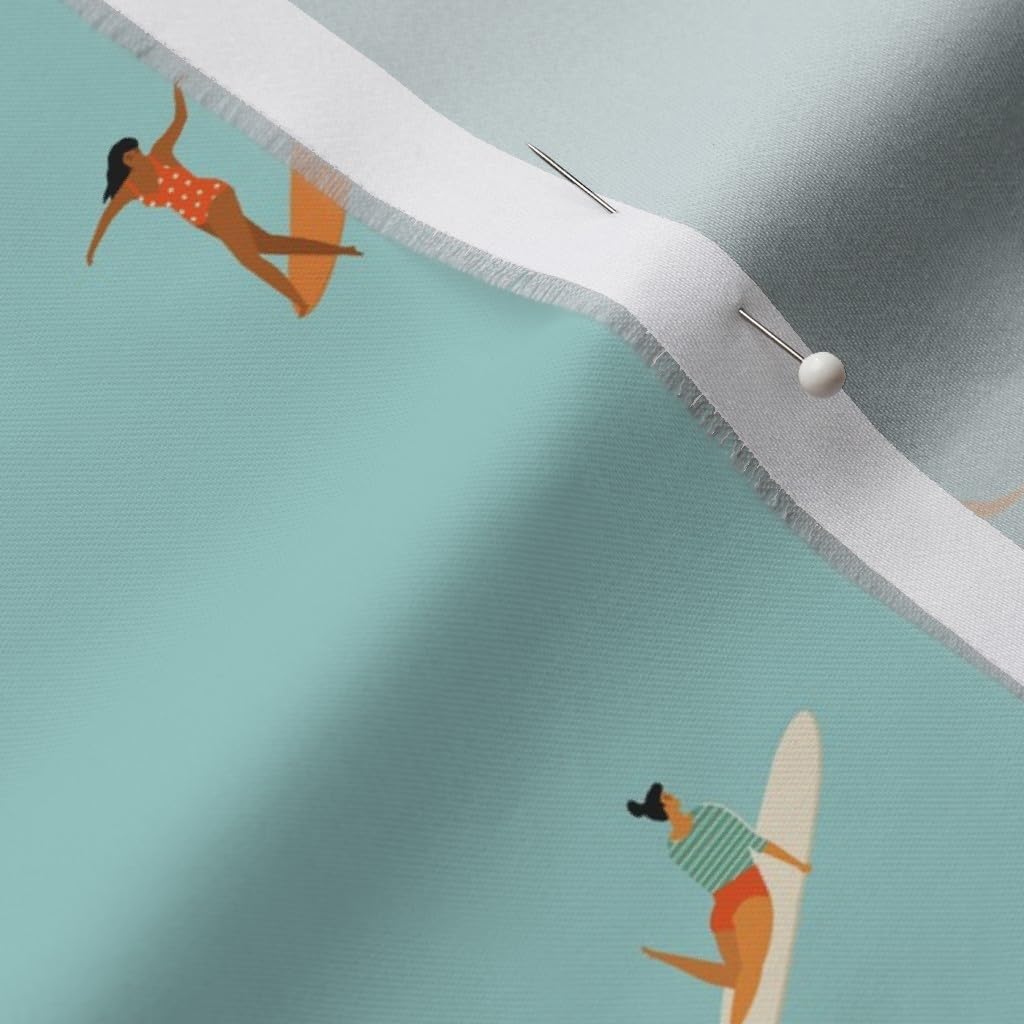 Spoonflower Fabric - Surfers Light Blue Cute Girl Summer Beach Women Hawaii Swim Ocean Printed on Organic Cotton Sateen Fabric by The Yard - Sewing Quilting Apparel Home Decor