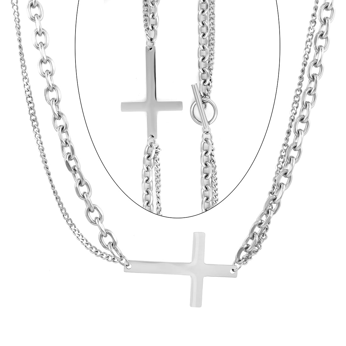 Nakabh22 inch Silver Plated Stainless Steel Double Chain with Cross Toggle Bar Lock for Men (1704101 P)