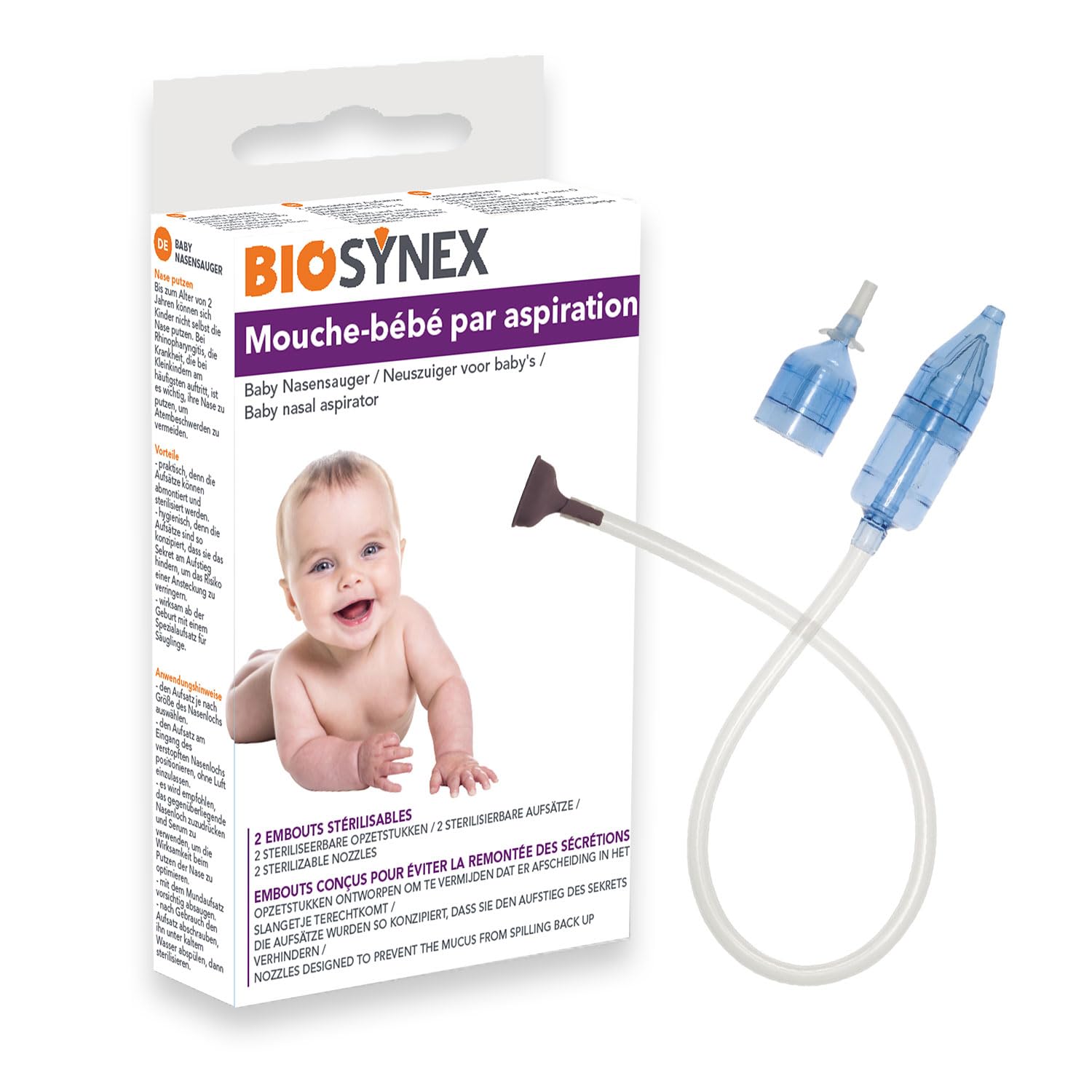 BIOSYNEX - Mouche Bébé Manuel - Mouche Bébé Par Aspiration - Aspirateur Nasal - 2 Tailles d'Embouts Réutilisables - Hygiénique - Débouche le Nez - Nouveau-nés, Bébés et Enfants