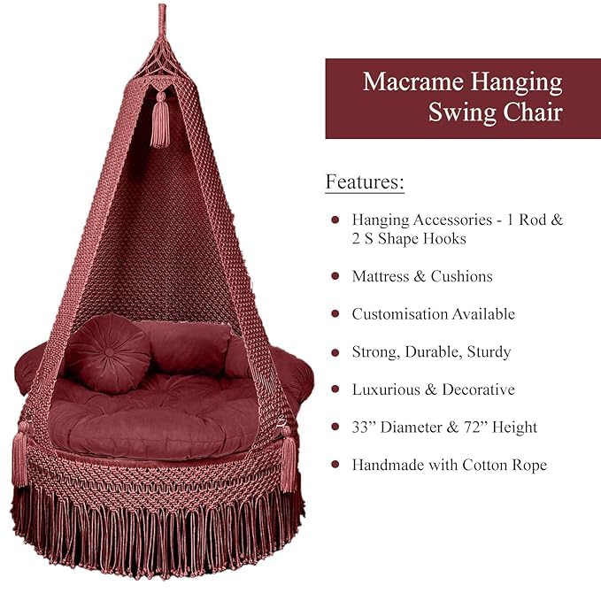 Image of Macrame Hanging Chair Swing with Cushions, Boho Indoor Round Hammock Seat Indoor & Outdoor - Patio, Balcony, Bedroom, Living Room, Garden-Kids, Adults (Maroon)