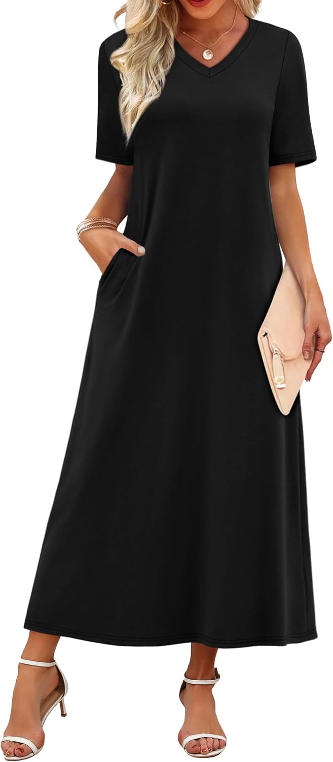 WIHOLL Women’s Maxi Dresses V Neck Vacation Beach Sundresses Floral Travel Summer Dress