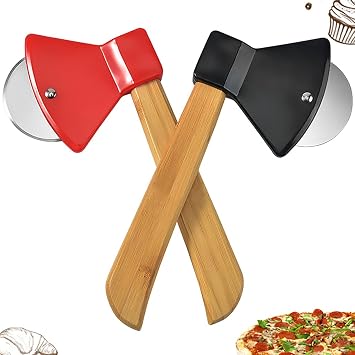 2Pcs Pizza Cutter Wheel, Axe Shaped Stainless Steel Pizza Knife With Bamboo Handles and Sharp Rotating Blades, Pizza Slicer Rolling Cutter for Pies, Cookies, Bread, Cakes Black & Red