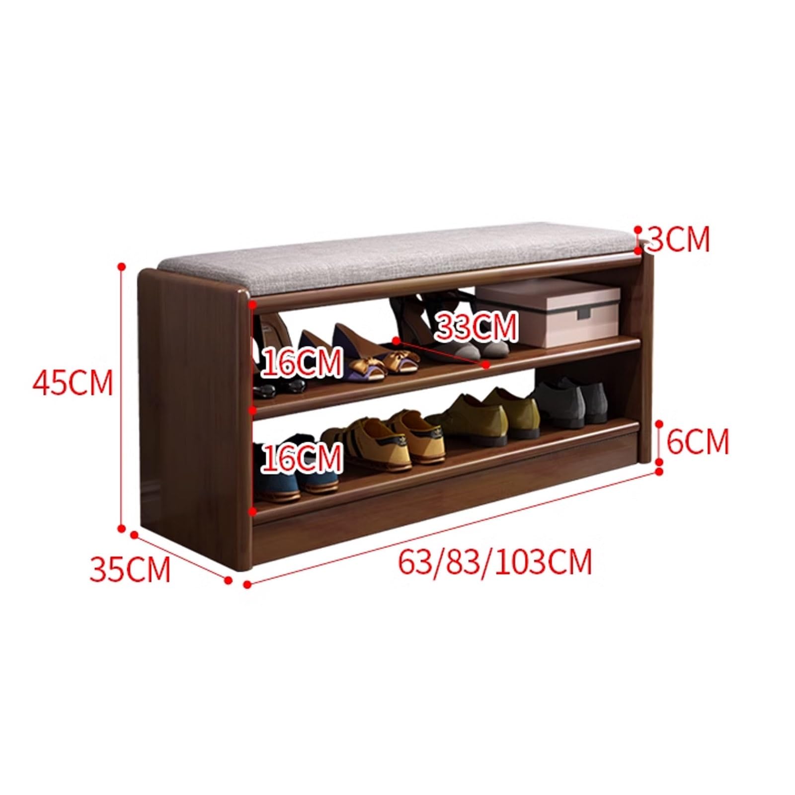 Banco Zapatero Entrada Recibidor Hecho de Madera Maciza Estable y Portadora con Cojín 2 Estantes Abiertos para Entrada, Pasillo, Baño(Brown,103 * 35 * 45cm)