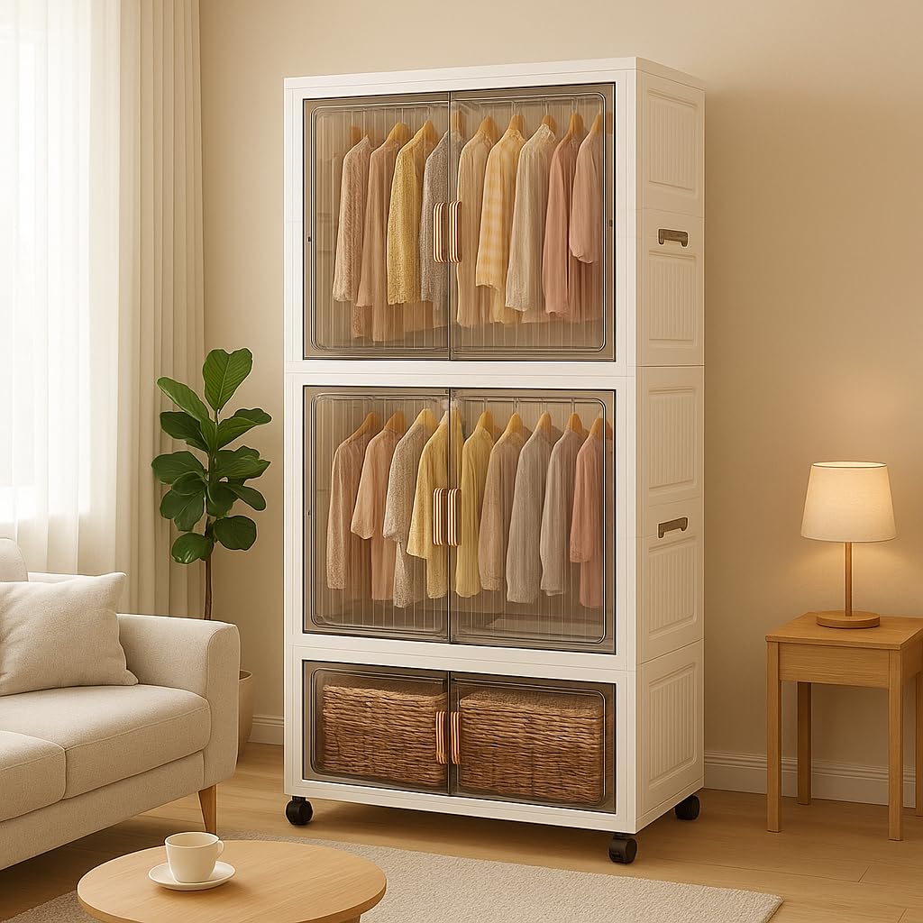 Mevigo 3- Door Plastic Wardrobe for Kids| Almirah and Wardrobe for Baby Clothes| Modular Storage Cabinet with Wheel Organizer for Cupboard Rack for Clothes/Shoes/Books/Toy -White-Y721