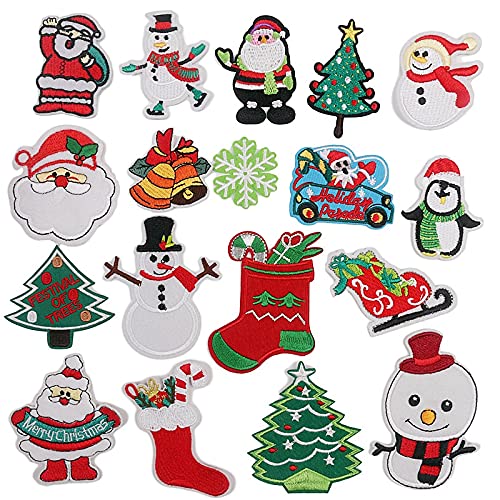 Ocnvlia Christmas Patches Sew on Iron on Embroidered 18PCS Xmas Tree Santa Cute Appliques for DIY Crafts Clothes Decorations