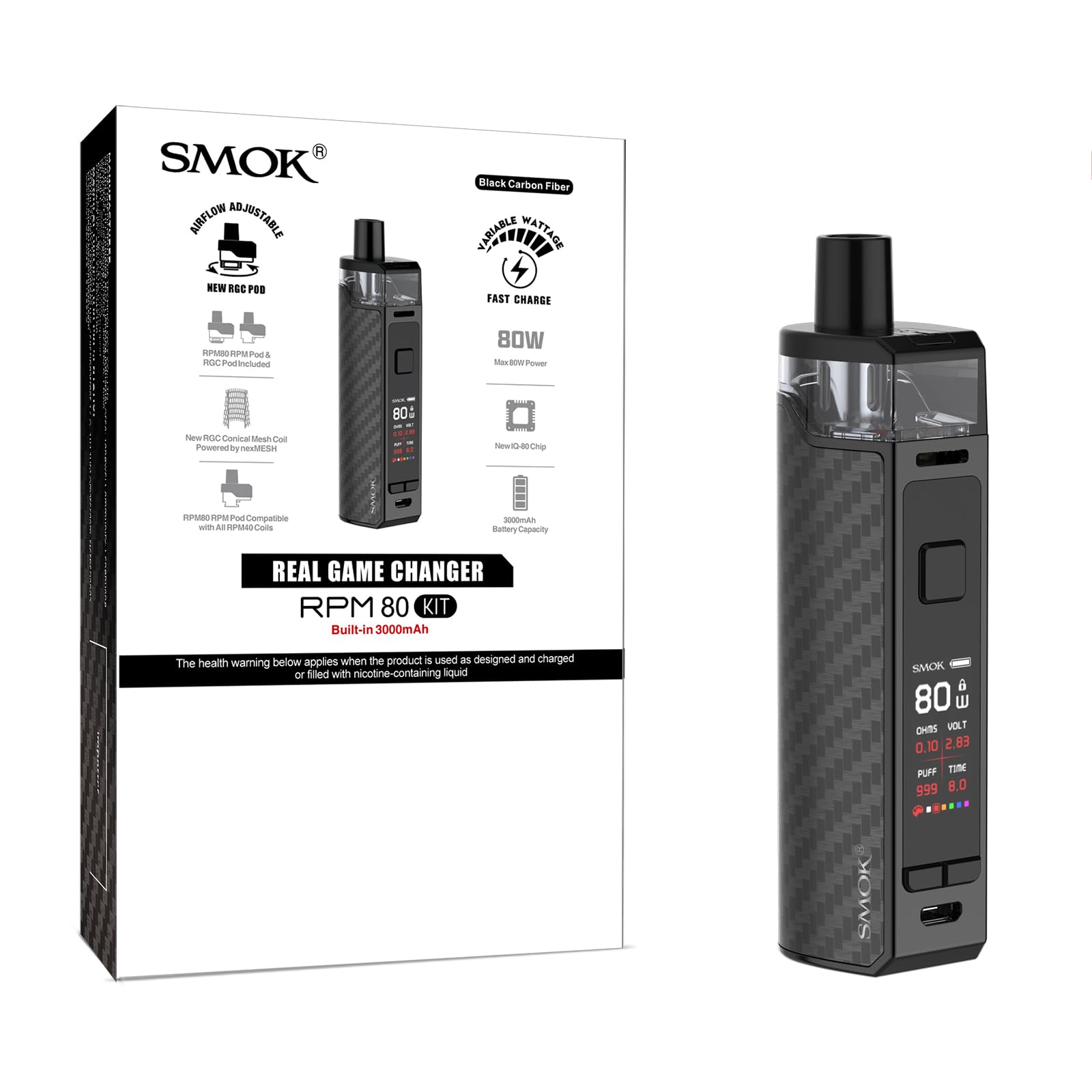SMOK RPM80 80W Mod Pod Vape Kit Fibre de Carbone Noire, Ultra Capacité de  Batterie 3000mAh, Vaporisateur Puissant 80W, Chipset Avancé IQ-80, 5ml  Top-Filling, Cigarette Électronique Sans Nicotine : Amazon.fr: High-Tech