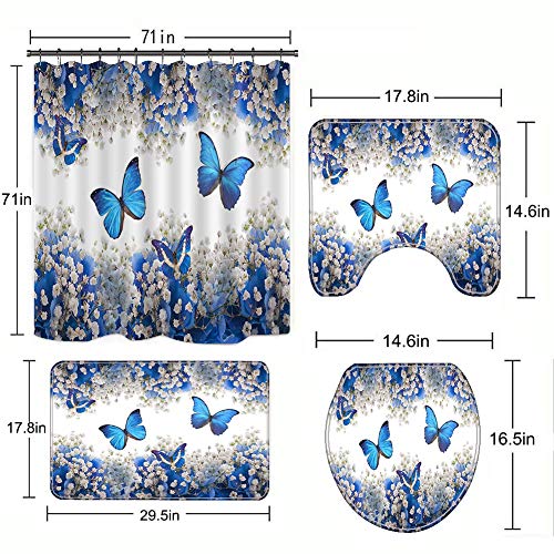 Bullpiano 4-teiliges Blumenduschvorhang-Set mit rutschfestem Teppich, Toilettendeckelabdeckung Badematte wasserdichtem Duschvorhang für Schmetterlinge Blumen Badeduschvorhang für Badezimmer – Bild 8