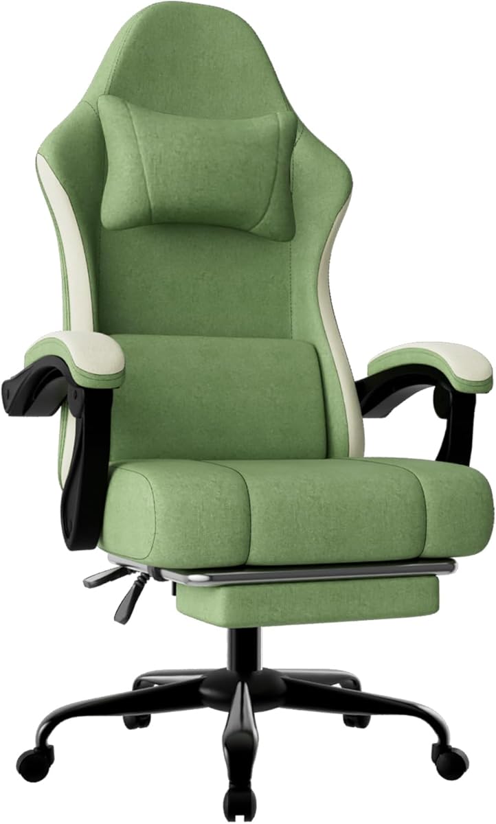 Ergonomic Gaming Chair with Pocketed Spring Cushion, Breathable Fabric Computer Chair with Footrest, Adjustable Lumbar Support Video Game Chair for Adults (Fabric, Green)