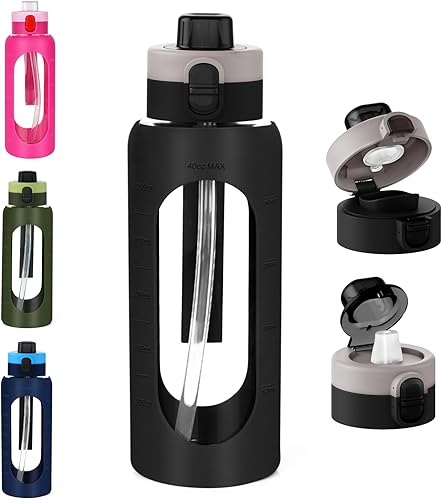 ANOTION Botella de agua de vidrio de 40 onzas, botella de agua deportiva grande con tapa de doble bebida, botellas de vidrio transparente a prueba