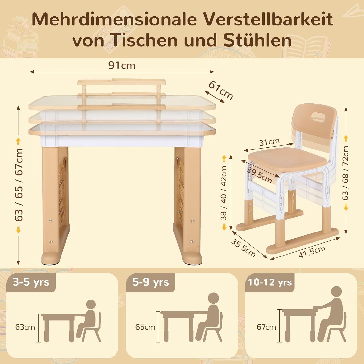 MAMIZO Höhenverstellbarer Kinderschreibtisch mit Stuhl Set, Schreibtisch Kinder mit Seiten-Bücherregal & Ablagekasten, Graffiti-Tisch von 3-12 Jahren, Ideal für Kinderzimmer & Arbeitszimmer (Gelb)