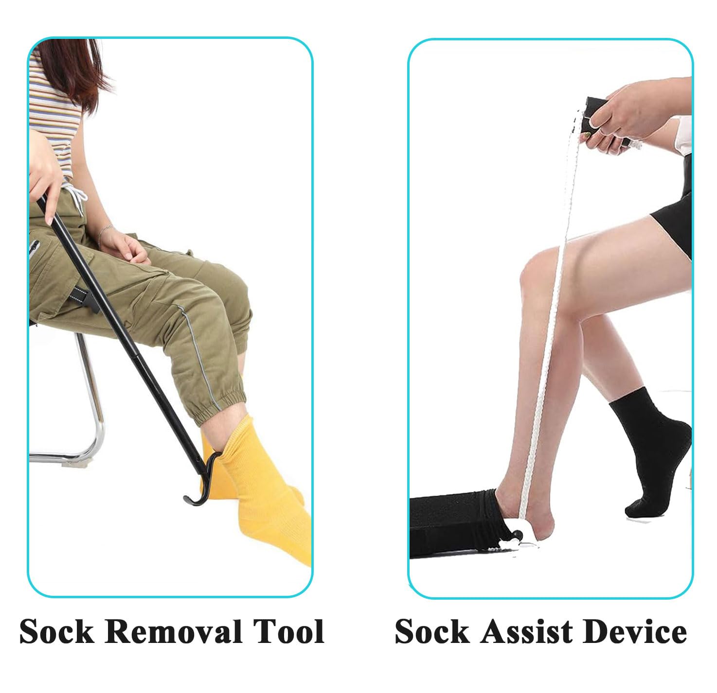 Kit de ayuda para calcetines para personas mayores (ayudante de calcetín y bastón de vestir) – Ayudantes de calcetines para poner en tus calcetines sin doblarse – Cuerno extendido ajustable de 35