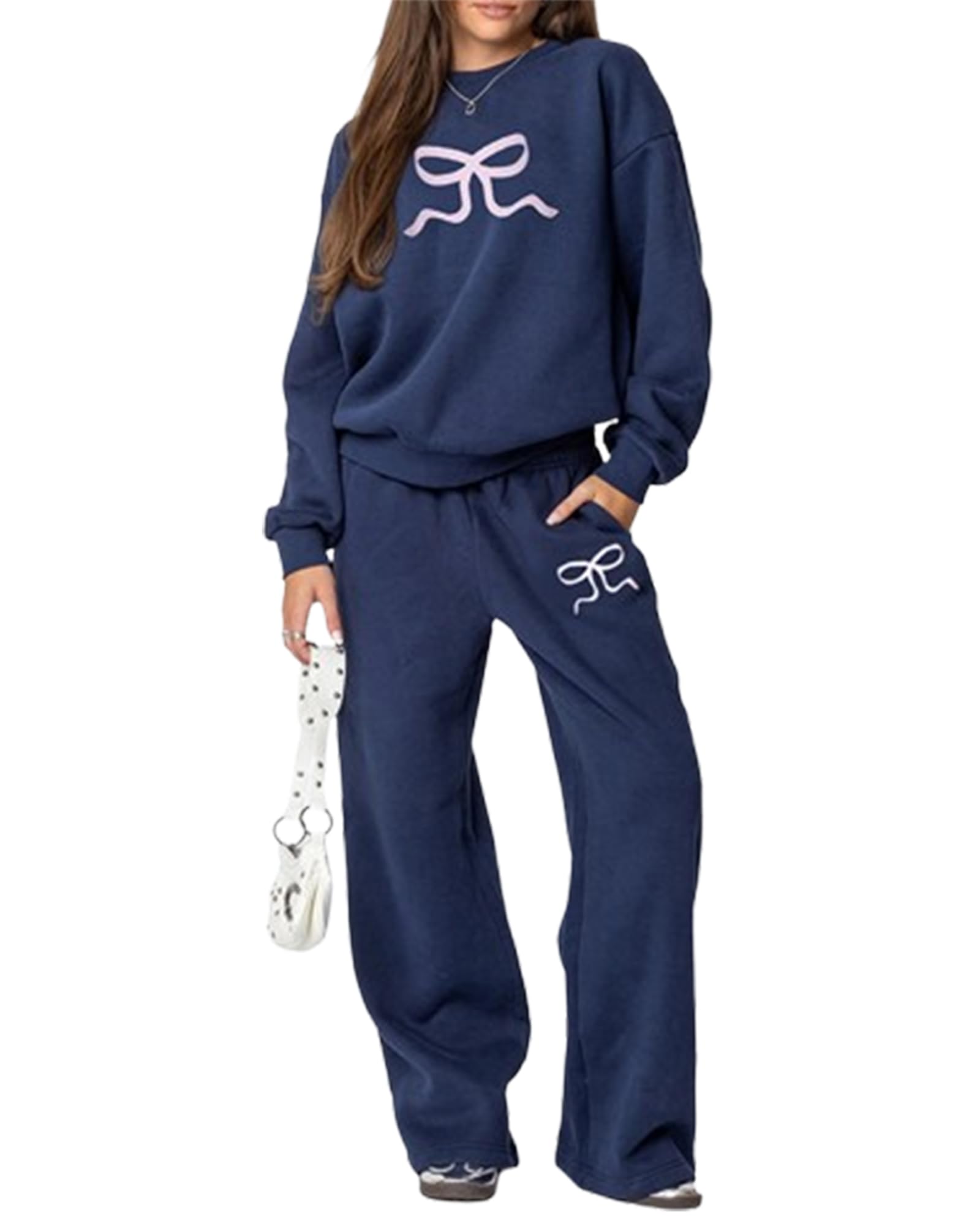Women 2 Piece Tracksuit Set Bow Print Long Sleeve Crew Neck Sweatshirt and Loose Fit Pants Activewear Clothes