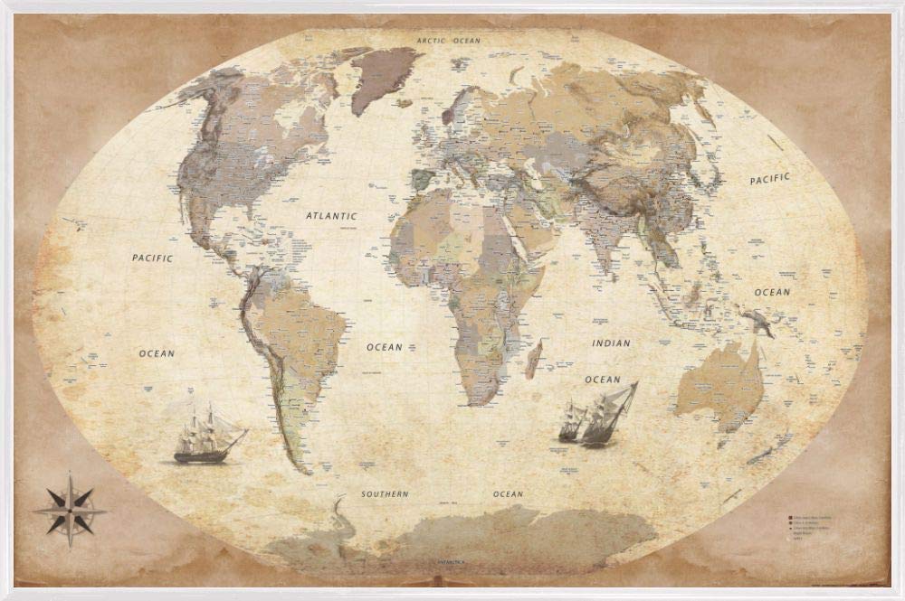 1art1 Plakat i ramka z tworzywa sztucznego – mapa świata, stary styl, w języku angielskim (91 x 61 cm)