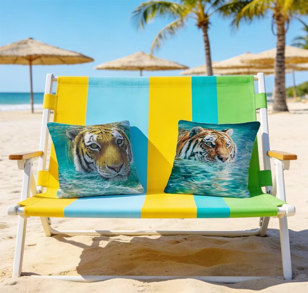 Kissenbezug 80x80 cm 2er Set See BlauKissenhüllen 80 x 80 Dekokissen Tiger Wasserfestem Leinen Beidseitiger Druck für Zierkissen Sofa Kissen Frühling Sommer Outdoor Heimdekoration Geschenke H-31275I