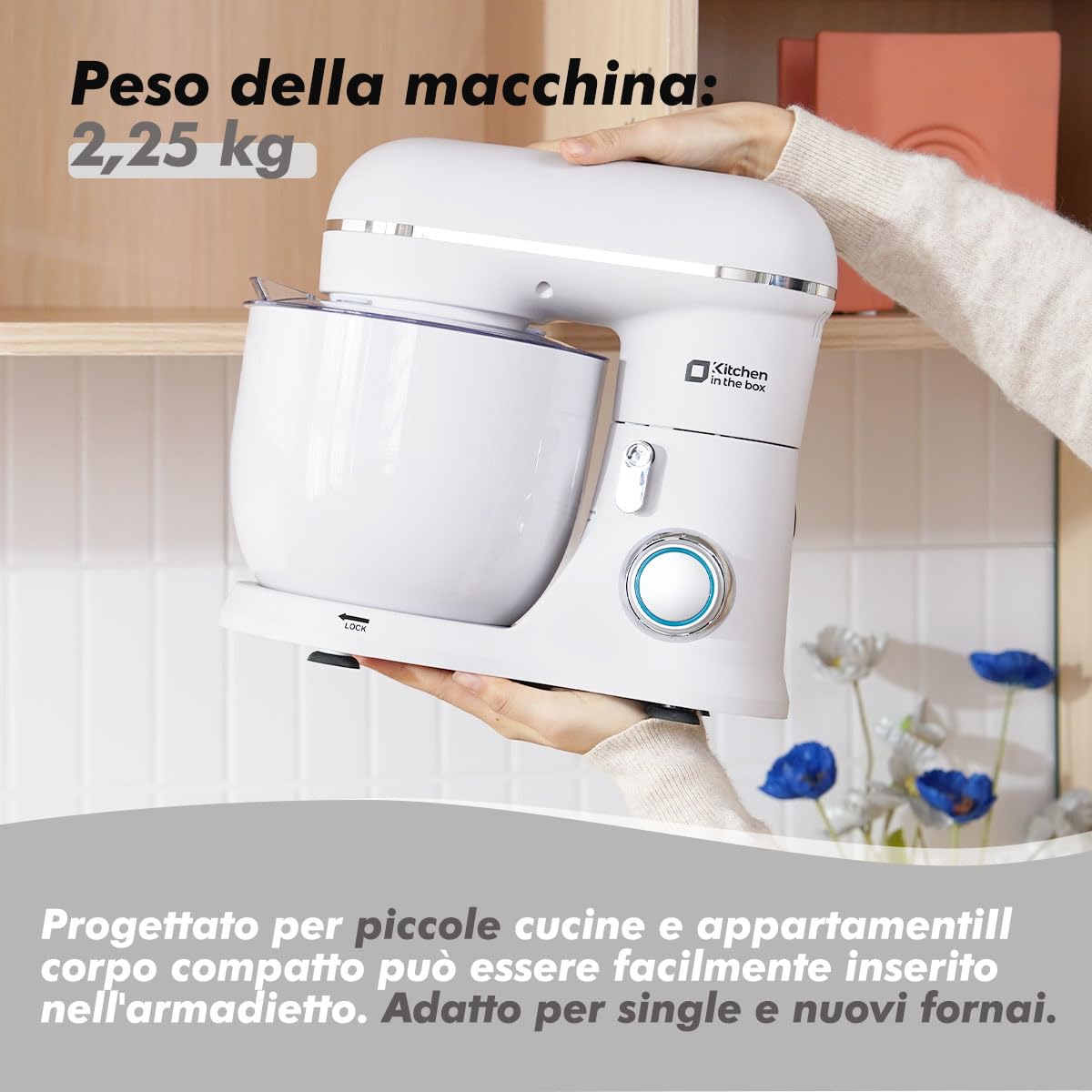 Kitchen in the box Impastatrice Planetaria, 2 Ciotole 3.5L Piccolo Planetaria Professionale, 10 Velocità Impastatrice Pizza con Uncino Impastatore, Mescolatore, Frusta Sbattitric (Bianco Ghiaccio)