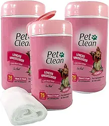 Pet Clean Lenços Umedecidos com Aloe Vera, 3 Potes com 75 Unidades, 19x11cm, para Cães e Gatos