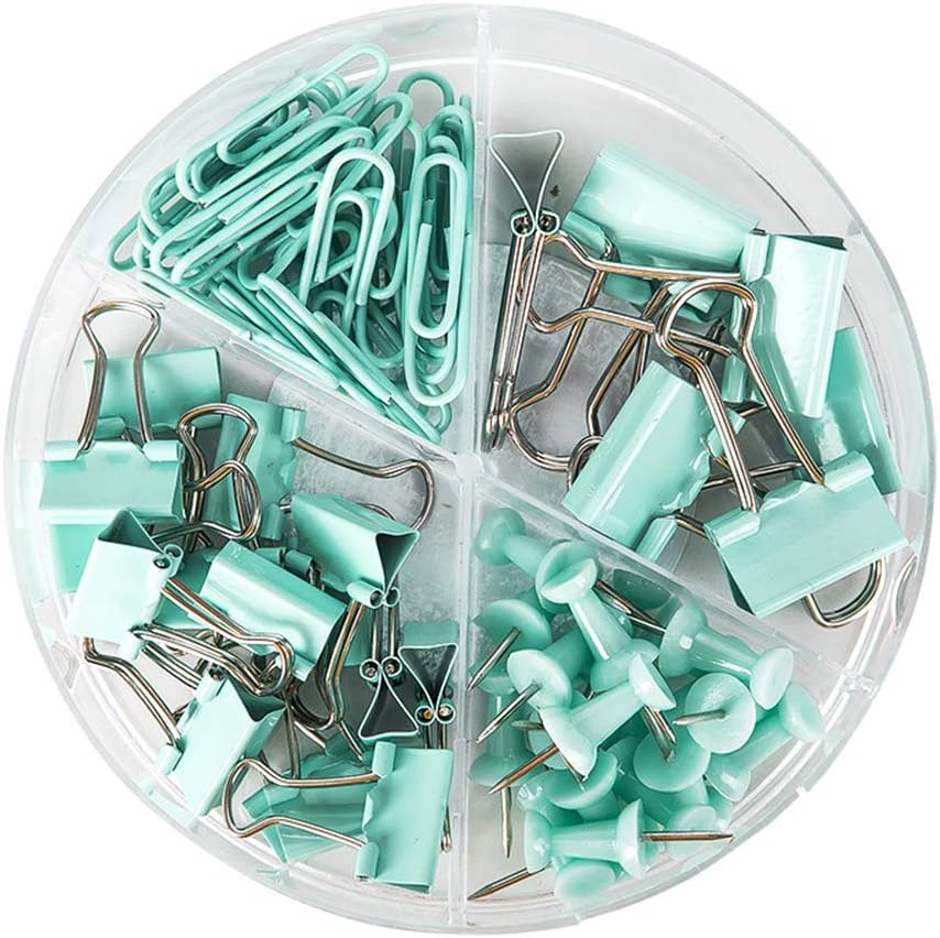 4-in-1 Boxed Binder Clips and Paper Clips Thumbtacks Set Assorted Sizes Small Medium Mini Paper Clamps Bulk for Office School Supplies Teachers Classroom Daily use (Light Green)