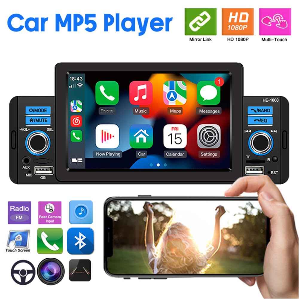 Radio para coche de 1 Din y 5 pulgadas para Carplay y Android Auto, reproductor Mp5 para coche con pantalla táctil, Mirror Link, BT/SD/USB/Aux, cámara de visión trasera de 4 LED, control remoto