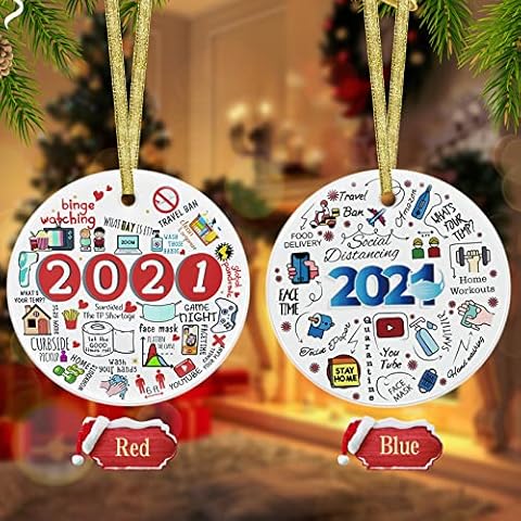 2021 Christmas Ornaments, 3 Inch Xmas Ceramic 1st Christmas Decorations Creative Gift Tree Ornament Kit Hanging Accessories for Home Indoor Outdoor Decor - 2PCS (Red & Blue) Cover