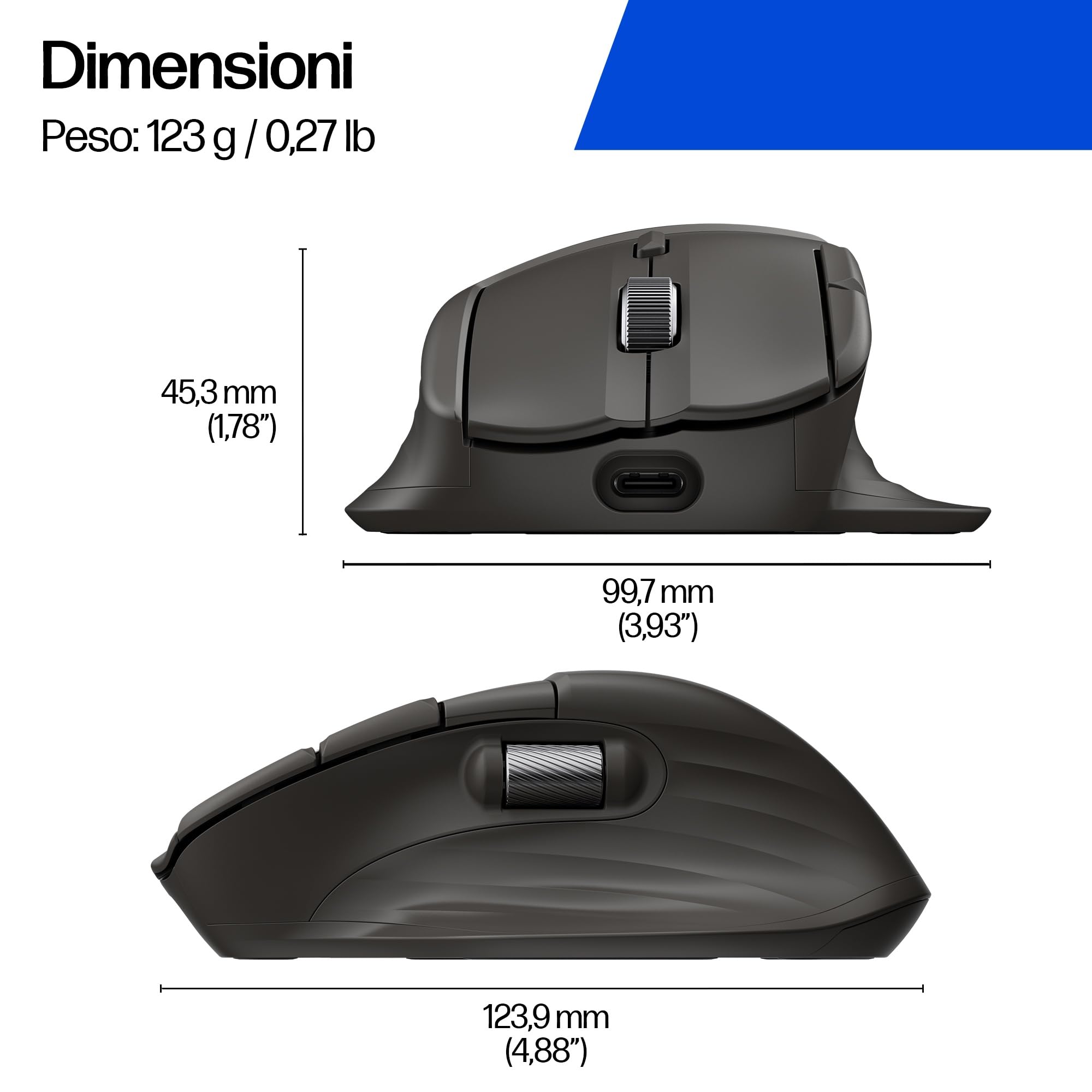 HP 780M Mouse Wireless Ergonomico con Scorrimento Ultra Rapido, Nero | Supercondensatore Ricaricabile, 6K Dpi, Bluetooth, Multi-Dispositivo, Compatibile con Windows e Mac