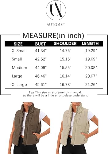 Miniatura 2 de AUTOMET Chaleco acolchado para mujer, sin mangas, para invierno, ropa de abrigo, cálida, acolchada, ligera, cuello alto, con bolsillos