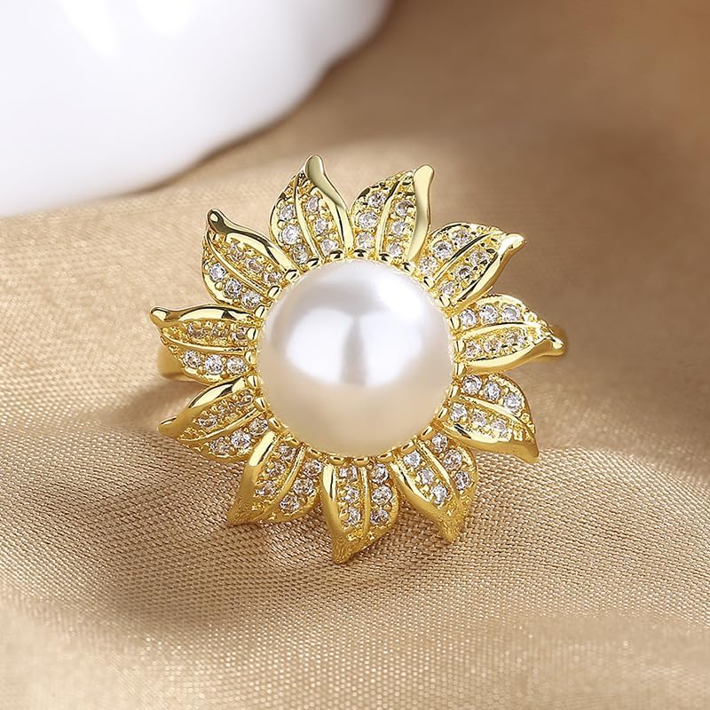 18k Gold Sparkling Freshwater Pearl Ring for Both Men and Women, Women's Grand and high-end Feeling, Sunflower Flower Flower Index Finger Ring Jewelry-Making-Patterns Size 8
