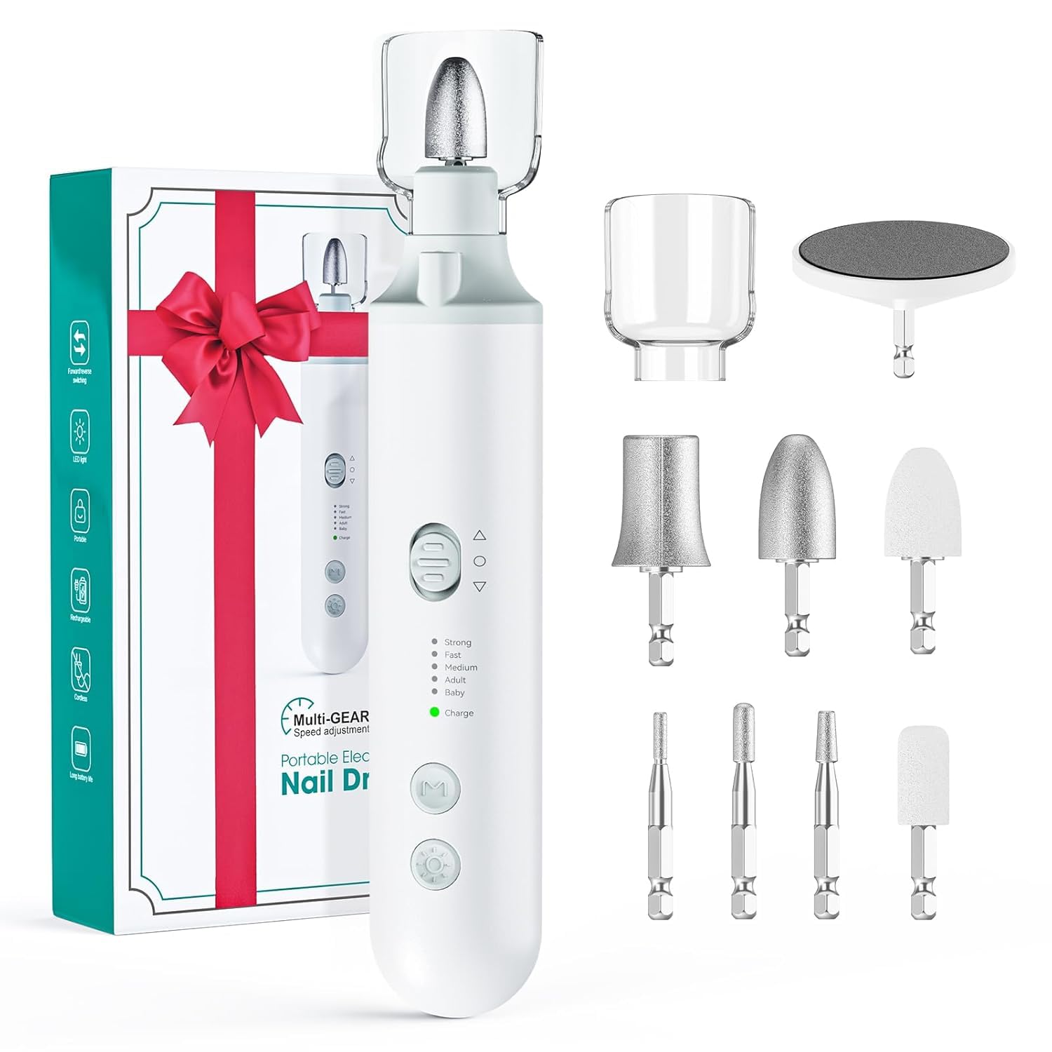 Nagelfräser Kabellose, Elektrische Nagelfeile 20000 U/min, Sanft & Anfängerfreundlich, Vibrationsarm & Wärmearm, LED Licht, 5 Stufen, bürstenloser elektrischer für Gel, Acryl & Hornhaut