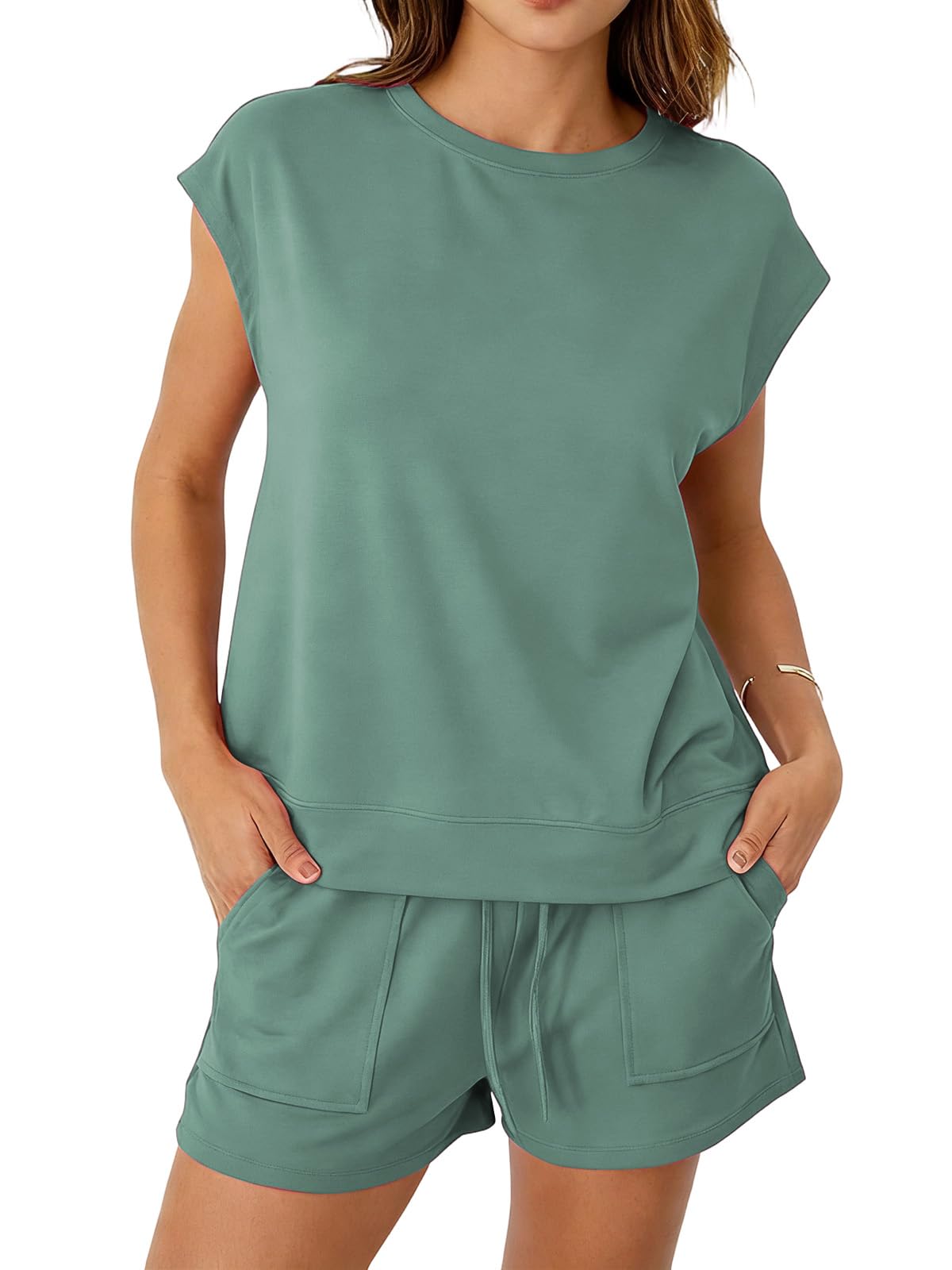 Zweiteiler Sommer Damen Ärmelloses Oberteil und Kurze Hose mit Kordelzug und Taschen Casual Shorts Outfit Loungewear Streetwear Set