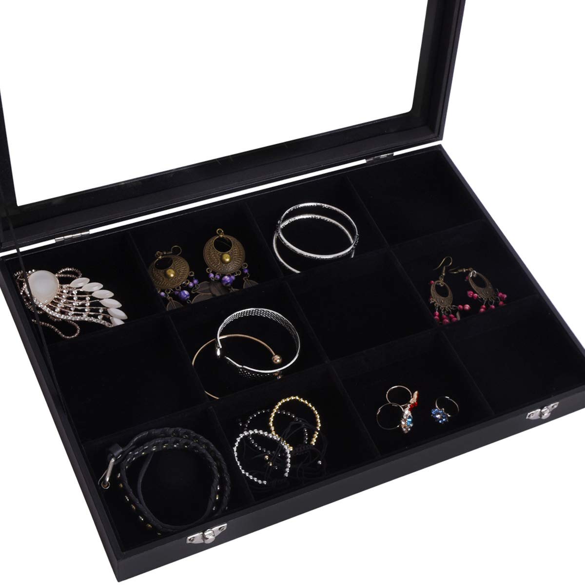 AUTOARK Velvet Clear Lid 12 Grid Jewelry Box Showcase Display Organizer, nero, AJ-082