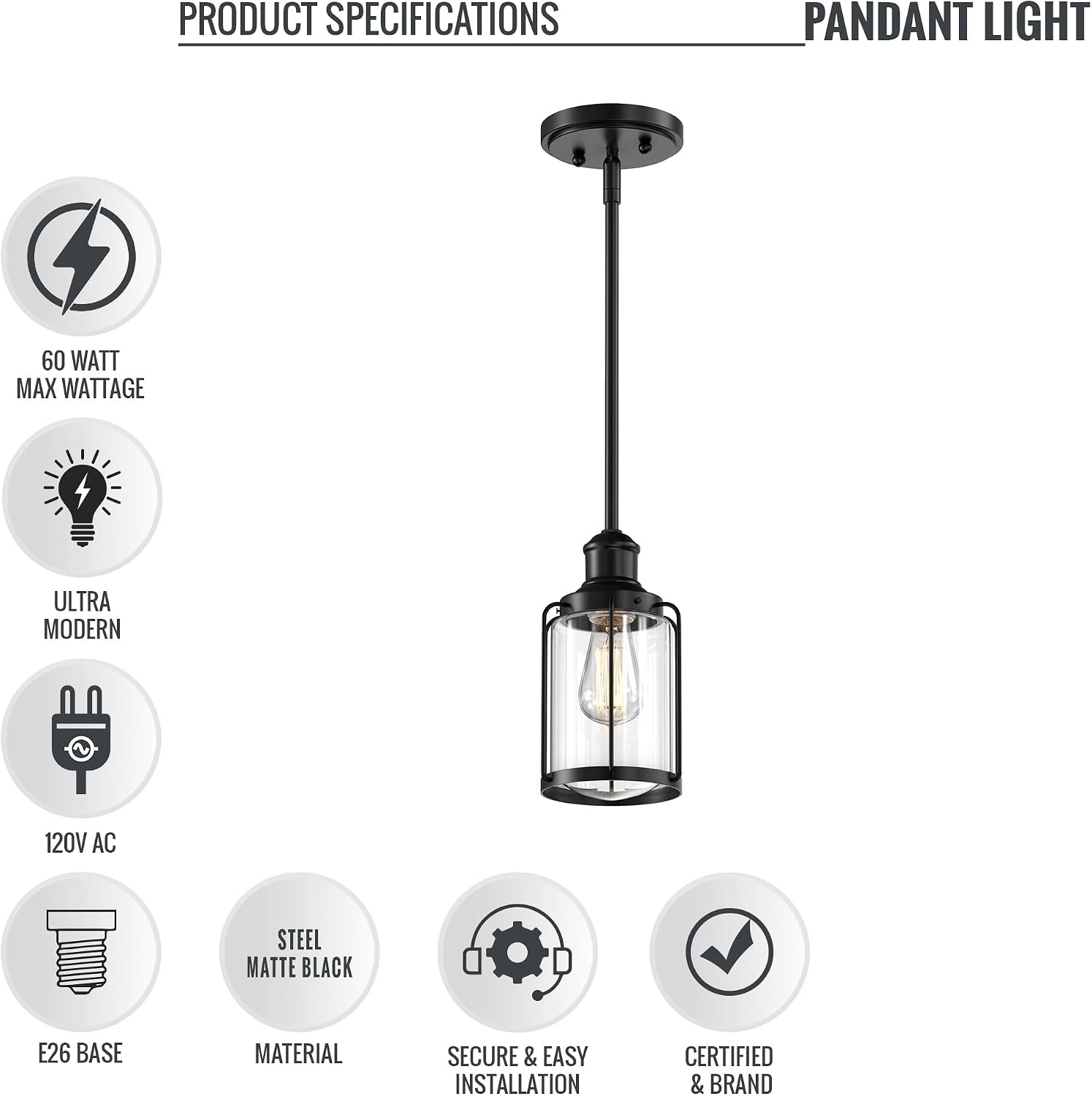 LEDMyplace Matte Black Pendant Light, Chandelier Lighting Fixtures, Cage Style, Clear Glass Shade, Decorative Hanging Pendant for Bedroom, Living Room, Hallway, Farmhouse, E26 Base (Bulb Not Included)