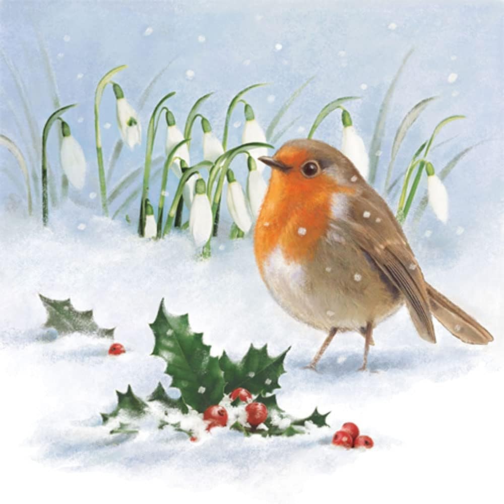 Anniversary House PJ310336 Tiflair Robin, Holly & Snowdrops Lunch Napkins 3 ply, Multi-Coloured
