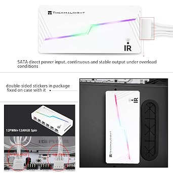 Thermalright ARGB and Fan HUB X12 IR White Hub Controller Support 12 Groups of CPU Fans,3Pin PC ARGB Controller and 4Pin PWM Fan,SATA Power Cord Direct Input(12V 4pin RGB is Not Supported)