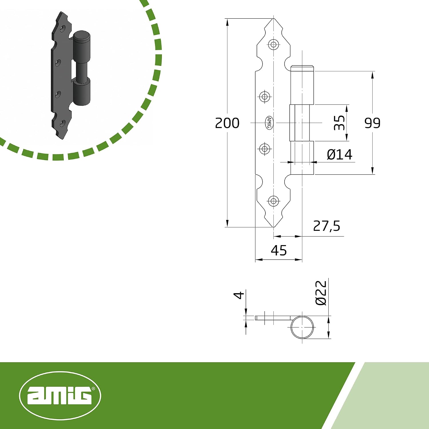 Amig - Half Hinge | for Mounting with Gozne | 200 x 90 x 4 mm | Shaft Ø 14 mm | Classic and Simple Style | Detachable Without Screwing in Shutters | Black Steel