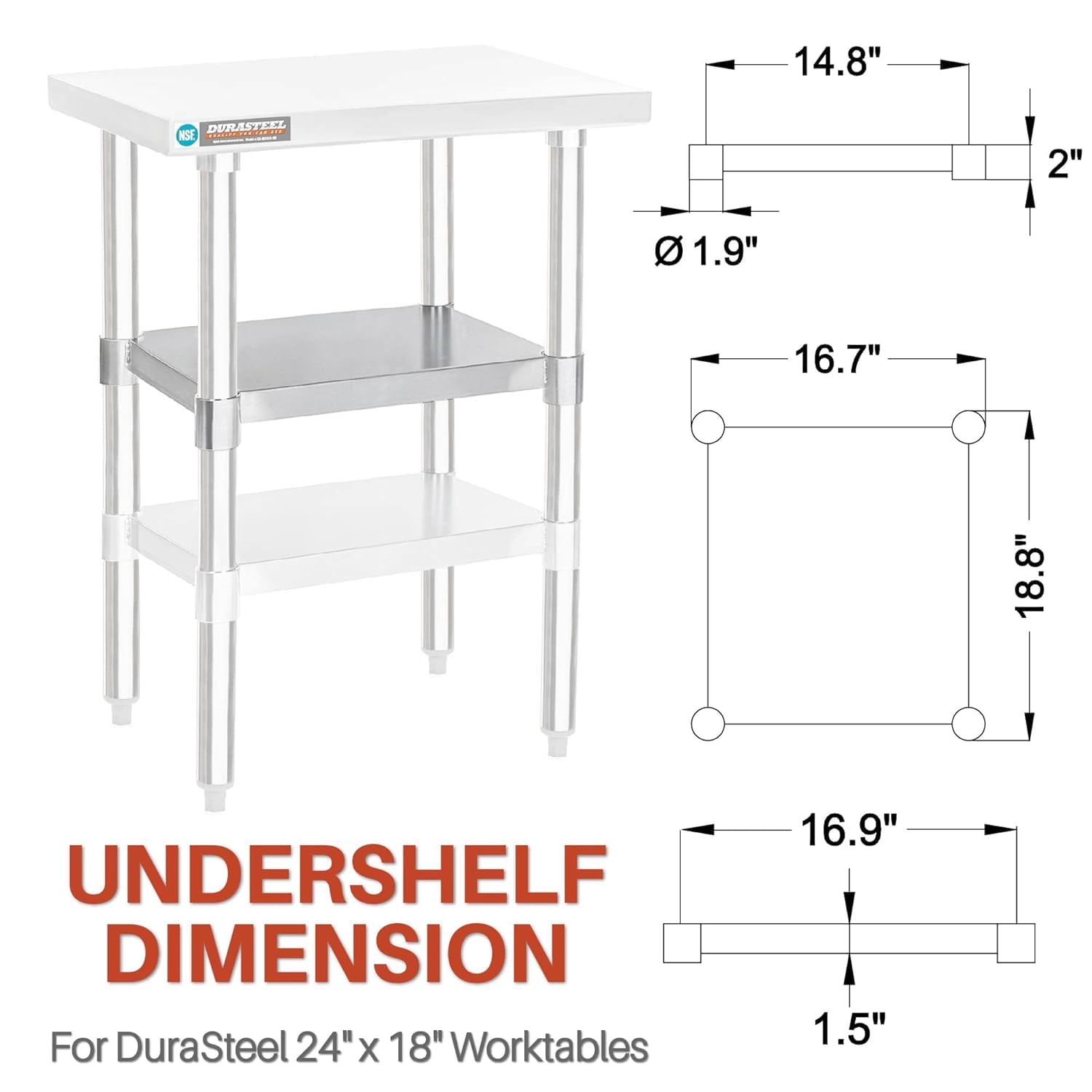 DuraSteel Galvanized Under Shelf for Work Tables - Extra Adjustable Lower Shelf for 24" x 18" Stainless Steel and Wooden Worktables - Fits for use in Restaurant, Warehouse, Home, Kitchen, Garage