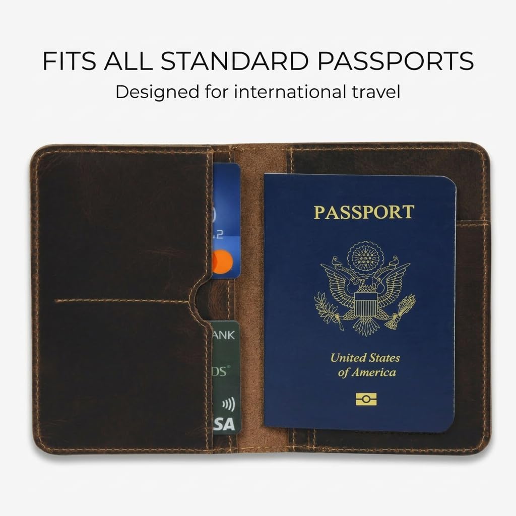 Rustique Leather Passport Holder Collection - Handmade Travel Wallet & Organizer - Full Grain Crazy Horse Leather Covers for Men & Women (Multiple Styles) (Smoky Bourbon)