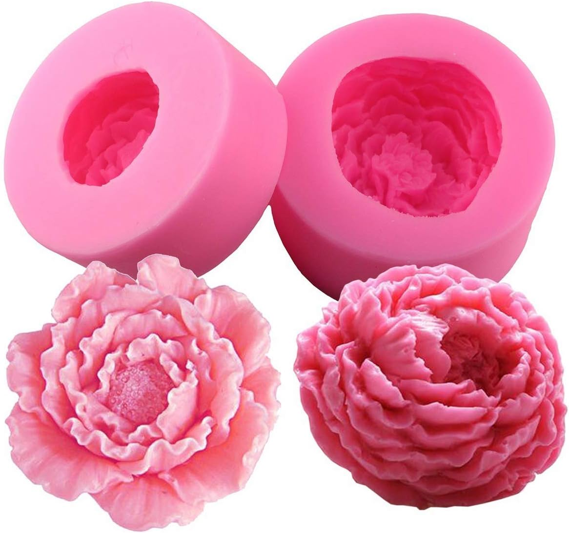 Fewo 3D Peony Flower Silicone Soap Molds Candle Molds Peonies Fimo Clay Mould Cake Decorating Silicone Jello Sugar Chocolate Fondant Molds (Set of 2)