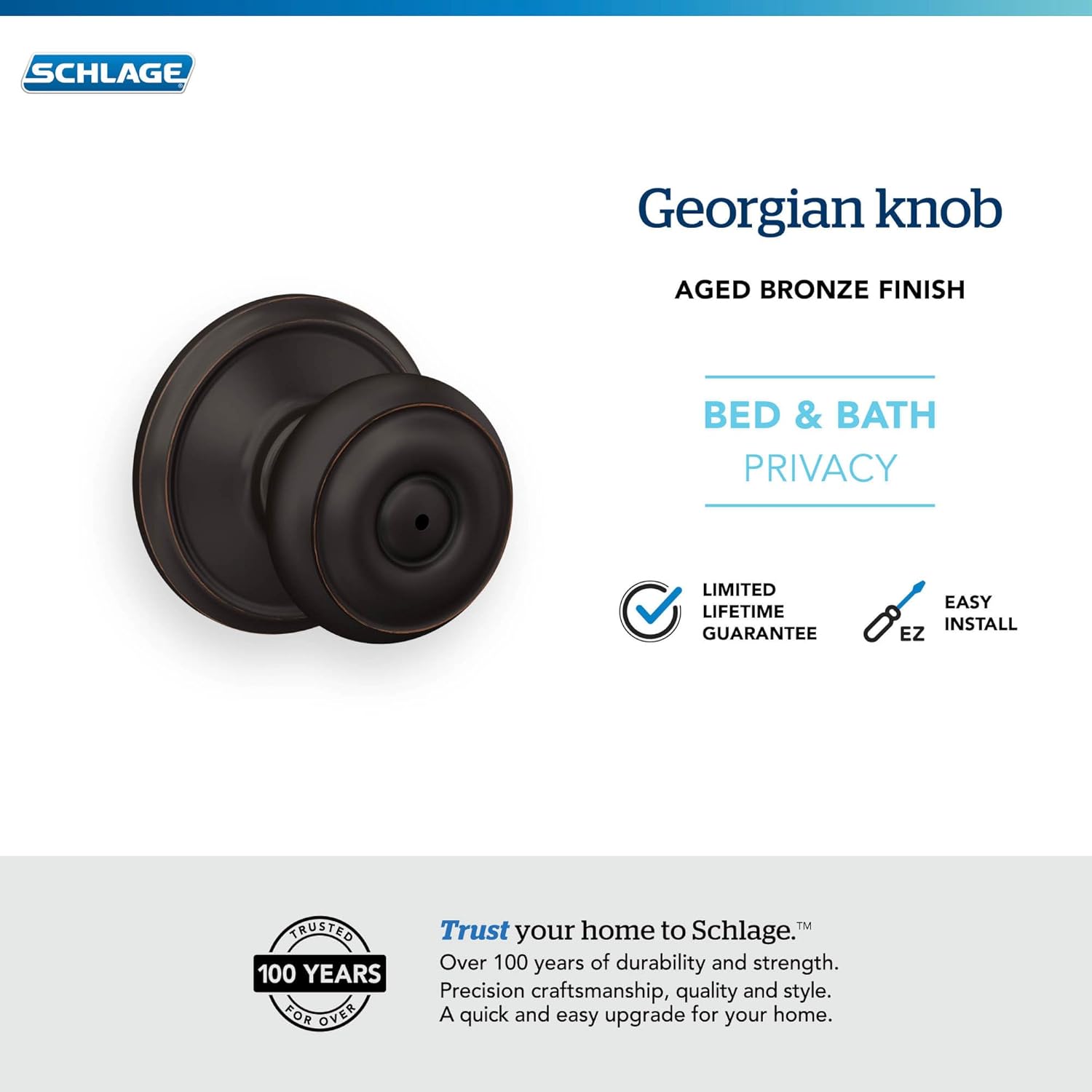 Schlage F40 GEO 716 Georgian Door Knob, Bed & Bath Privacy Lock, Aged Bronze