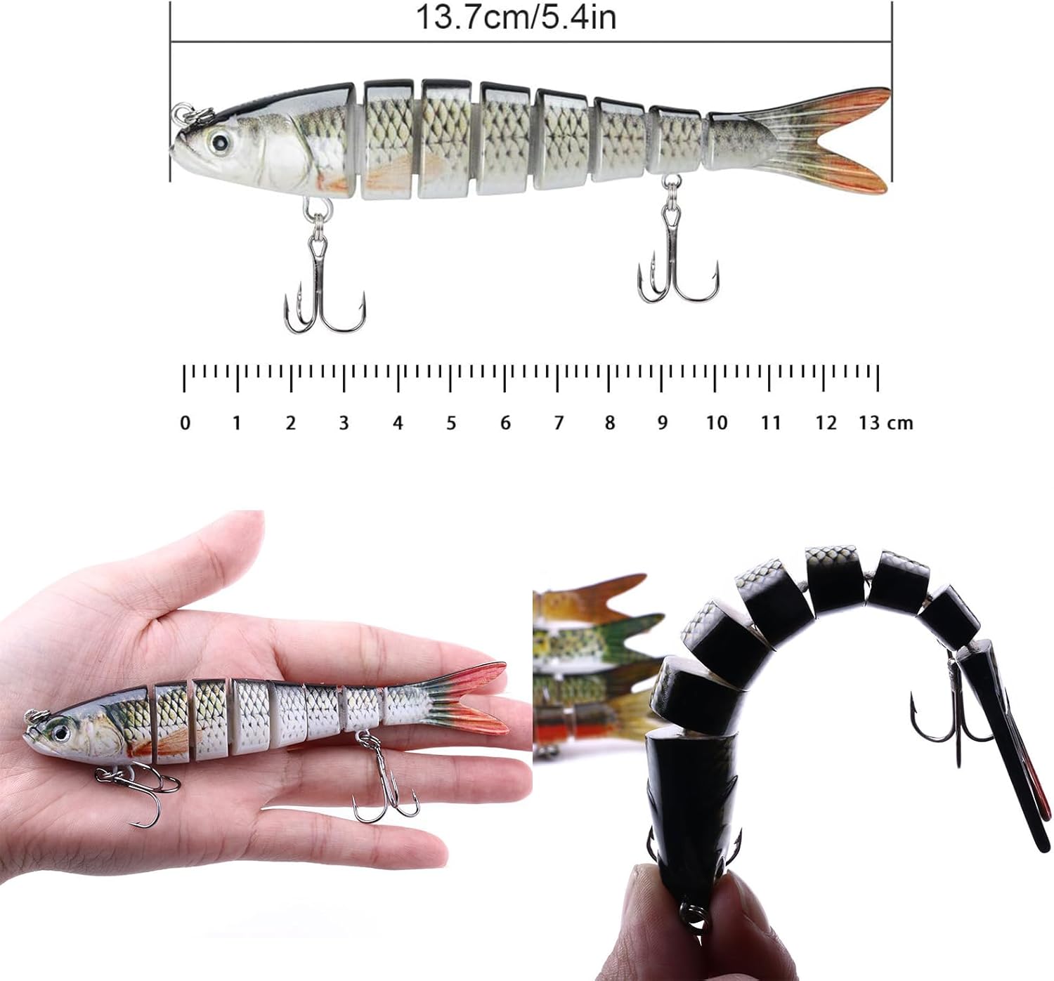 5.4in Fishing Lures Bass Trout - Fishing Gear Bait Accessories for Freshwater and Saltwater - Nine Sections of Biomimicry Swim Baits for Bass Fishing Swim Rapala Fishing Lures