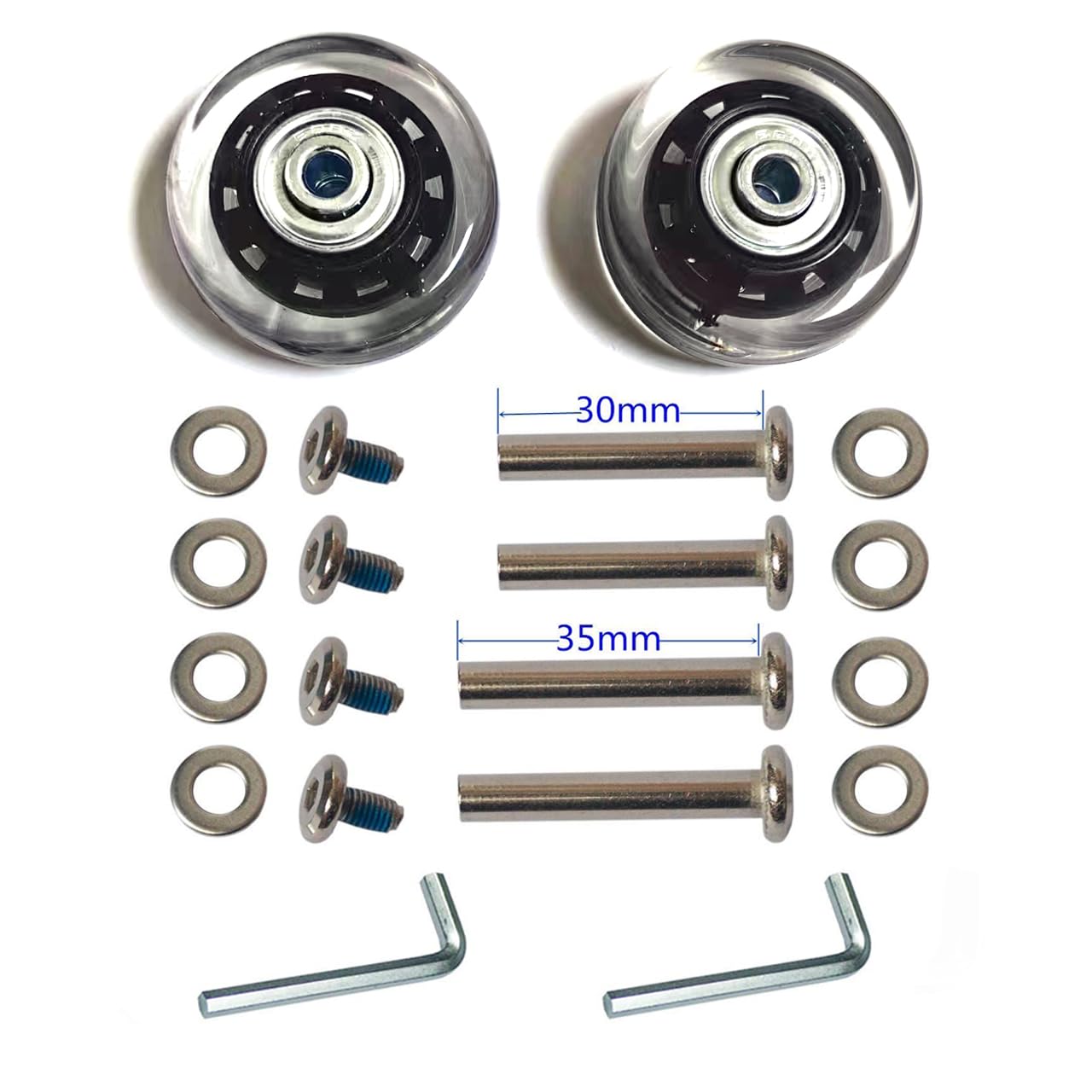 Set di 2 ruote nere e trasparenti, 40/45/50/60/70/75 mm, resistenti all'usura, con ABEC 6 mm, 608zz, kit di riparazione per pattini in linea (45 x 6 x 18 mm/1,77 x 0,24 x 0,7 pollici)