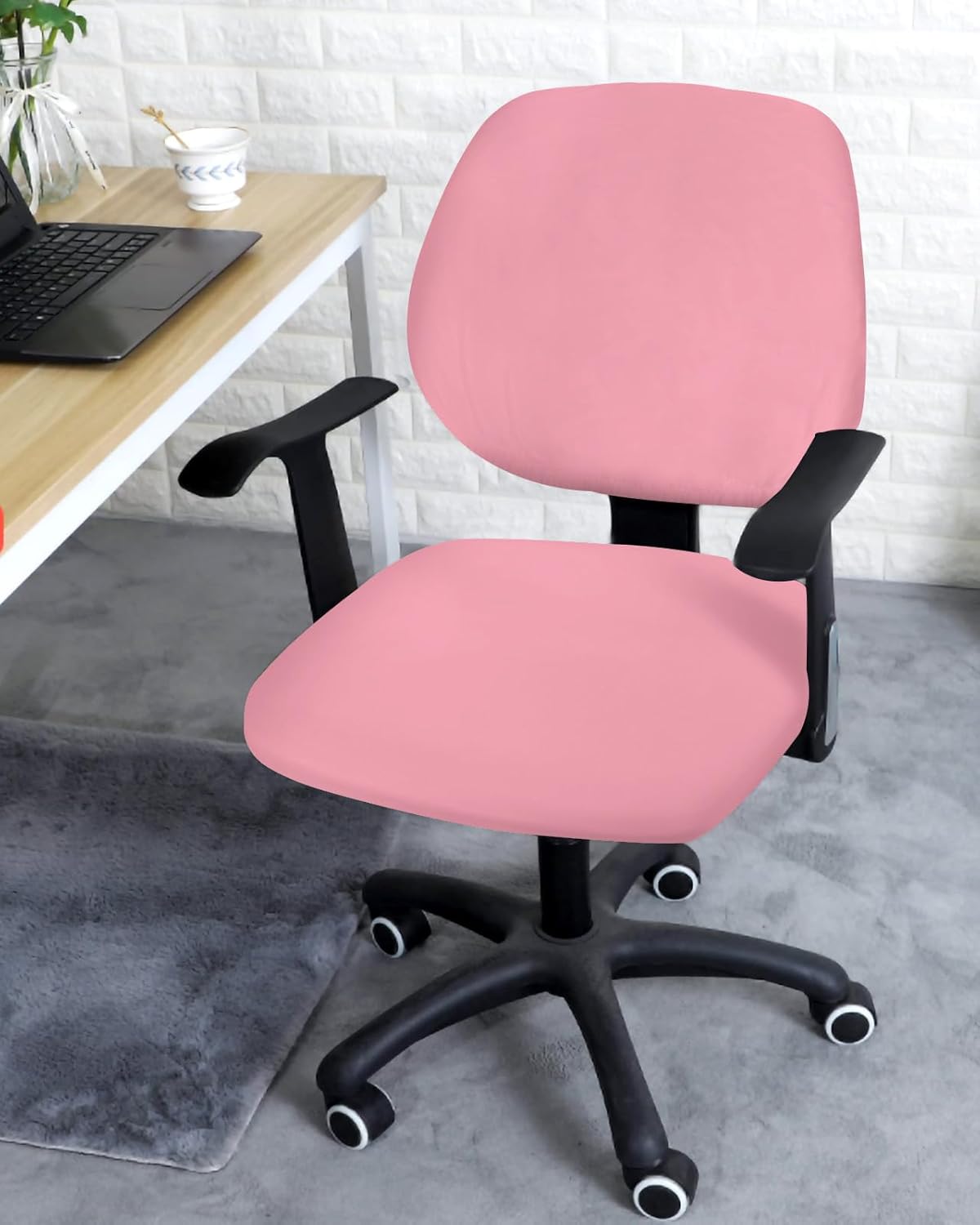 Minimalist Solid Pure Pink Office Computer Chair Cover 2 Pieces Desk Chair Back Covers Seat Cushion Protectors Removable Stretch Universal Slipcovers for Rotating Chair,Unadorned Single Color Art