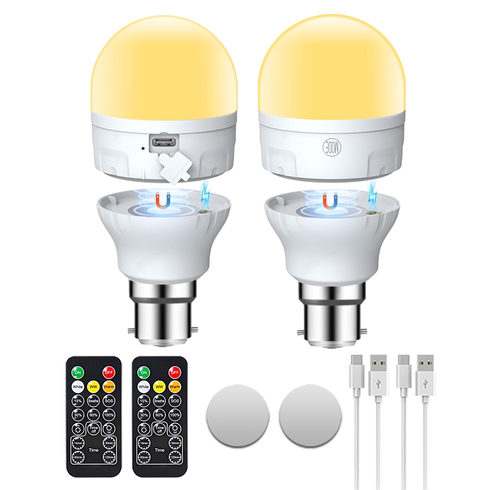 USB-C Rechargeable Light Bulb with Remote Control,AC100-240V B22 LED Bulbs 7W,CCT Dimmable Touch Control Rechargeable Bulb with Timer and Battery,2000mAh Outdoor Emergency Light With Magnetic,2 Pack
