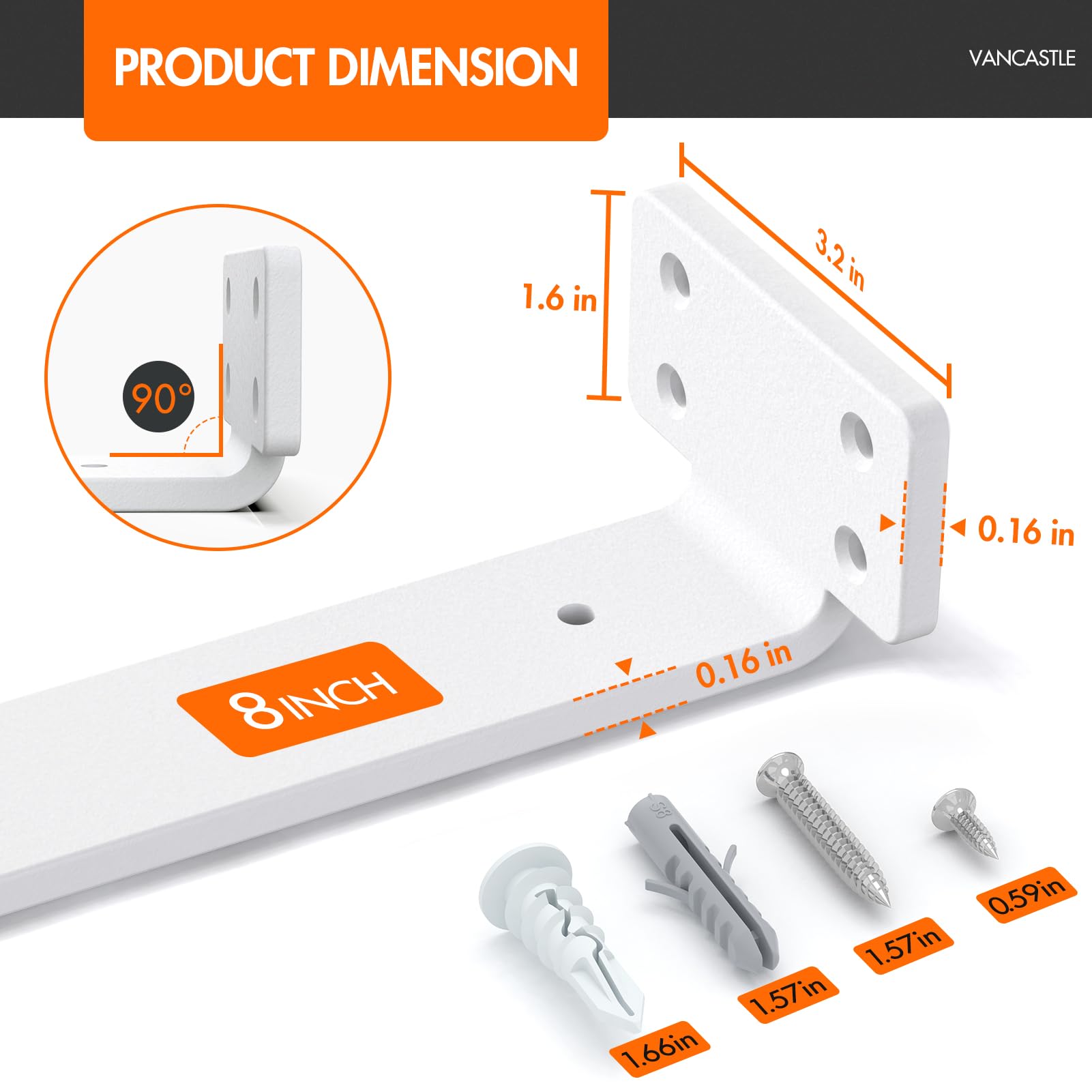 VANCASTLE Shelf Bracket, Floating Shelf Bracket 8 Inch , 6 Pack Heavy Duty Shelf Brackets, Metal Wall Shelf Brackets with 1/5 Inch Thick and Holds 160+lb, Brackets for Wood Shelves, White