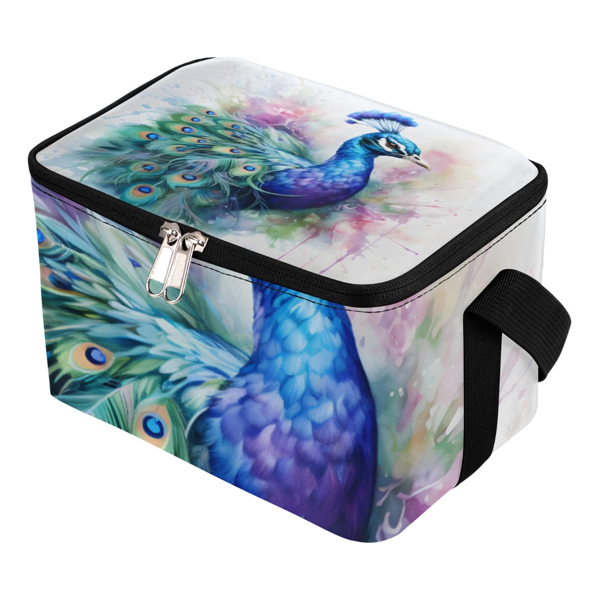 GzLeyigou Lunch Bags for Women Men 9 Cans,Peacock Hot & Cold Food Delivery Bag Insulated Grocery Bag Insulated Lunch Box Watercolor Peacock Cooler Bag for Office Work Picnic Beach