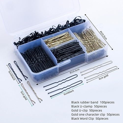Miniatura 2 de El juego de 300 pinzas para el cabello incluye 100 pinzas para el cabello en forma de U, 100 pinzas para el pelo bobi (negro, dorado) y 100 bandas