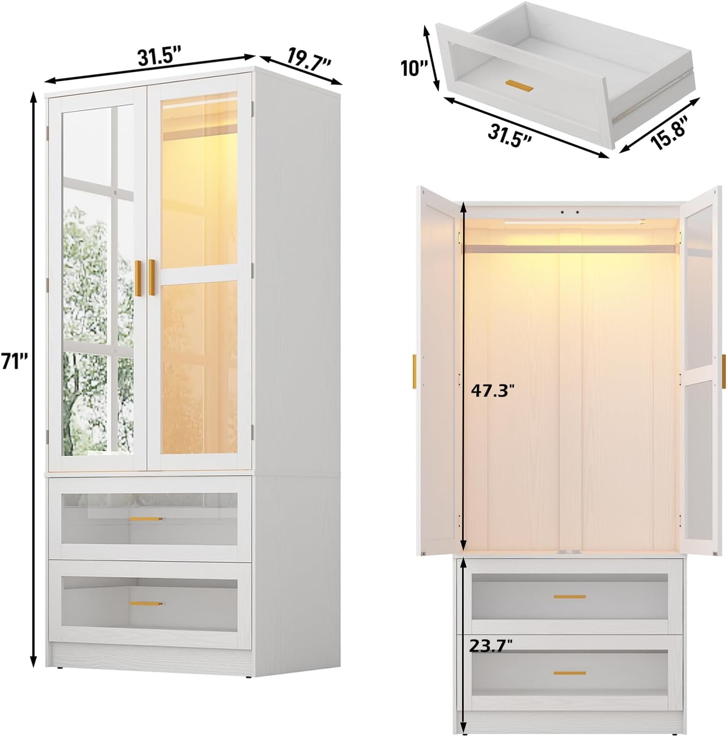 Diagram showing the dimensions of the wardrobe: 31.5 inches wide, 19.7 inches deep, and 71 inches high.