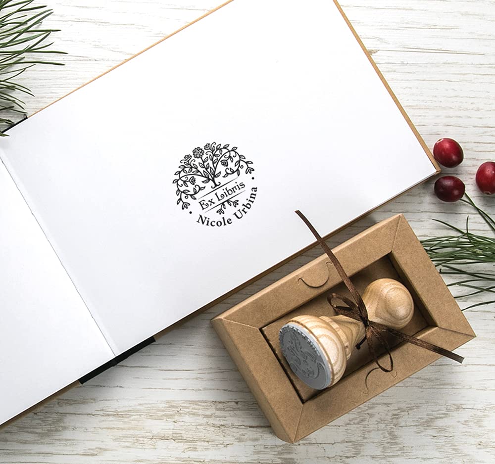 Sello Árbol de la Vida, Ex libris Personalizado, Ramas Floreciente Flores Letrero Biblioteca, Hecho a Mano Amante de Libros en Caja Regalo