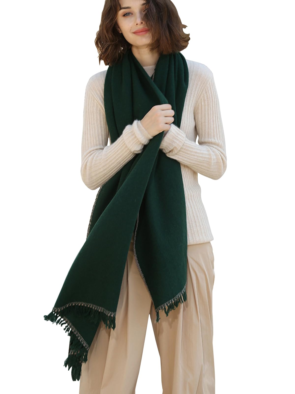 Mujer Cálido Bufanda Mantón de Lana con Borlas, Moda Largo Grande Manta Bufanda Chal Borla, 100% Lana Bufanda Chales Estola on Flecos para Noche Boda Viaje, Señoras Otoño Invierno Regalo Green F