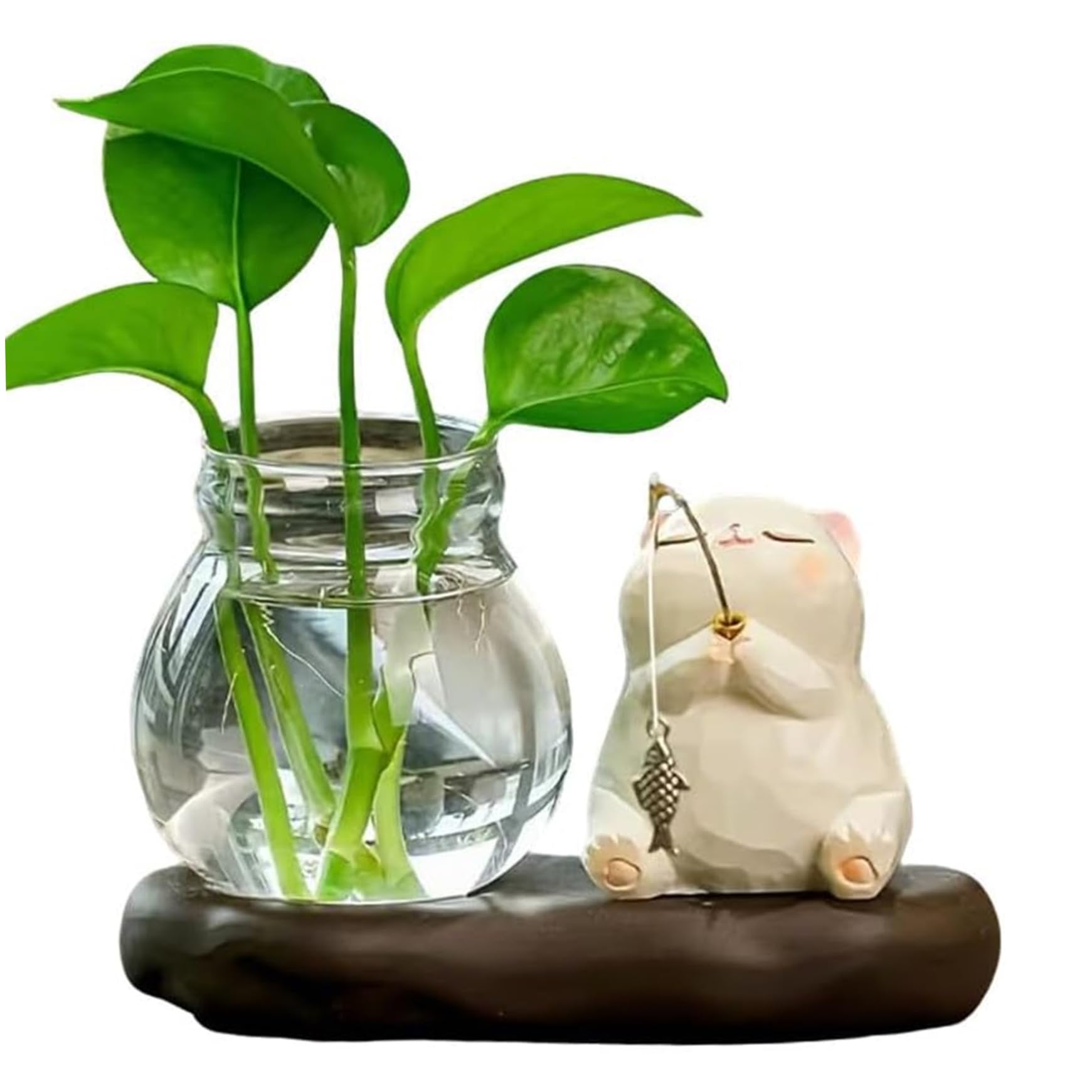 Bemonew Propagation Vases for Plants, Minimalist Plant Propagation Station with Wood Stand, Hydroponic Planter for Desk, Office Decor & Plant Cuttings, Cat