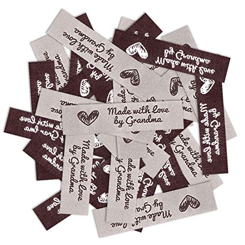 Wunderlabel Made with Love by Grandma Grandmother Woven Ribbon Clothing Clothes Garment Fashion Embroidered Heart Symbol Iron On Fabric Craft Rectangle Tags, Dark Brown on Off White, 50 Labels