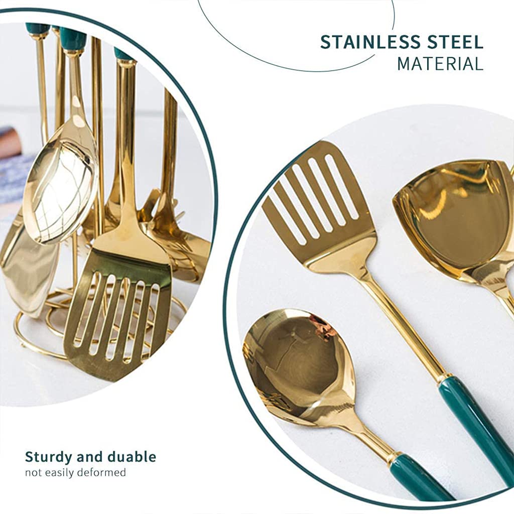 Luxuriöses Küchenutensilien-Set, Edelstahl, Kochlöffel, Spatel, Schaufel mit Keramikgriff, Halter, Kochgeschirr, Backutensilien, 7-teilig